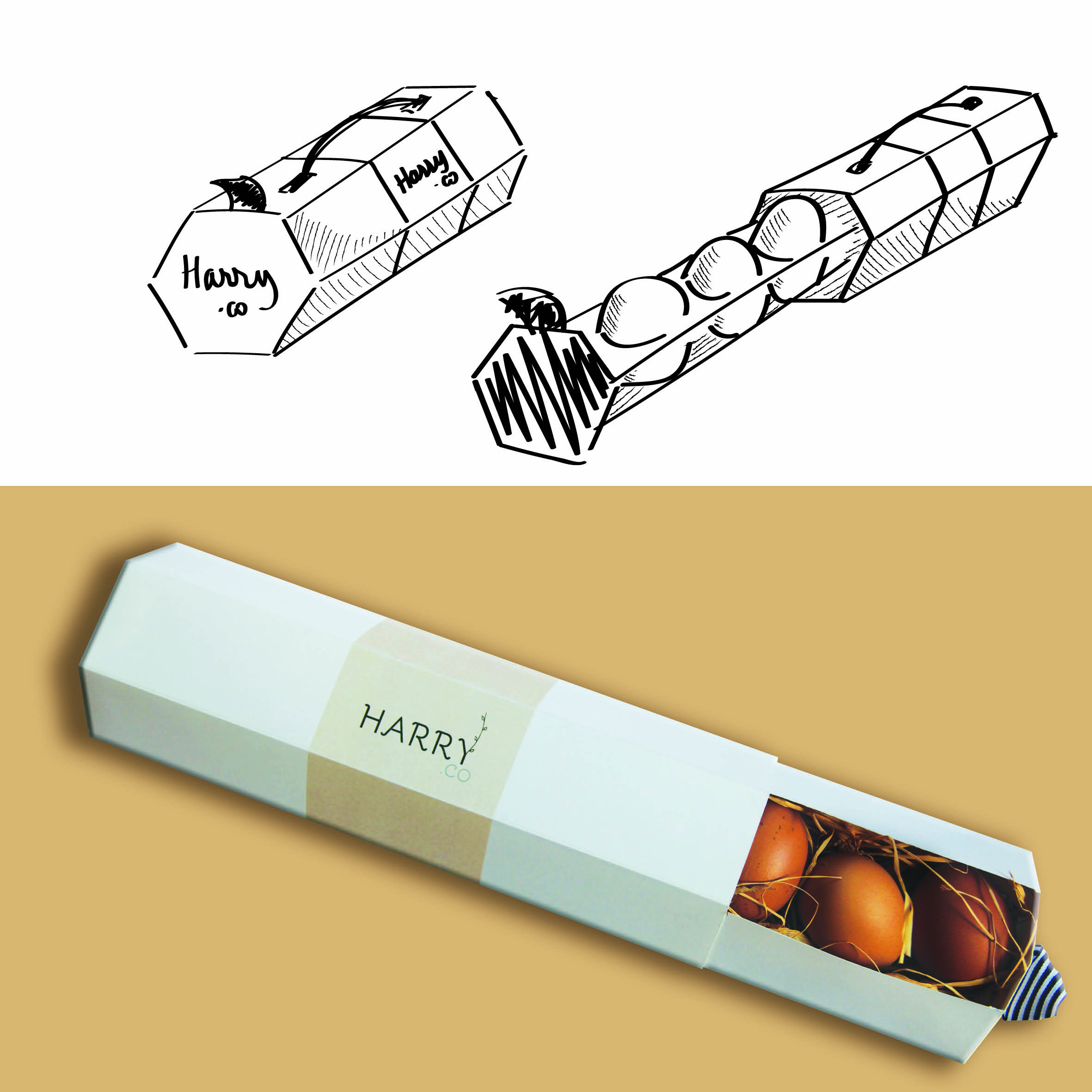sketch and packshot of eggs packaging.